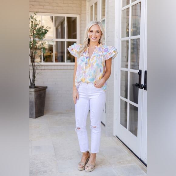 BUDDY LOVE Pastel Tie-Dye Ruffle Sleeve Blouse Top - Picture 3 of 6